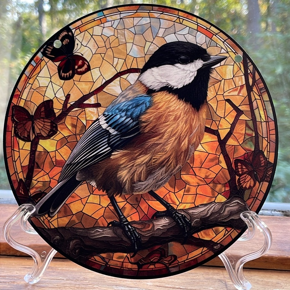 Suncatcher Bird Acrylic Blue Yellow Chest 6” Home Cottage Decor Chickadee Gift